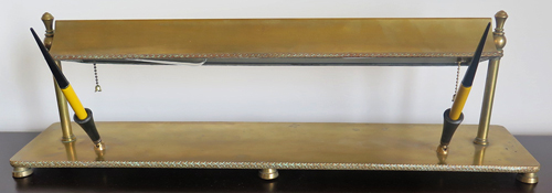 6099: HUGE EXECUTIVE BRASS DESK BASE WITH TWO MANDARIN PARKER DOUFOLD JUNIOR FOUNTAIN PENS, ONE BROAD & ONE MEDIUM NIB. This desk base is unbranded, but was found with two Parker desk based sockets in it. The desk base is 25"X6". It has been rewired with Period correct wiring and converted to LED. 